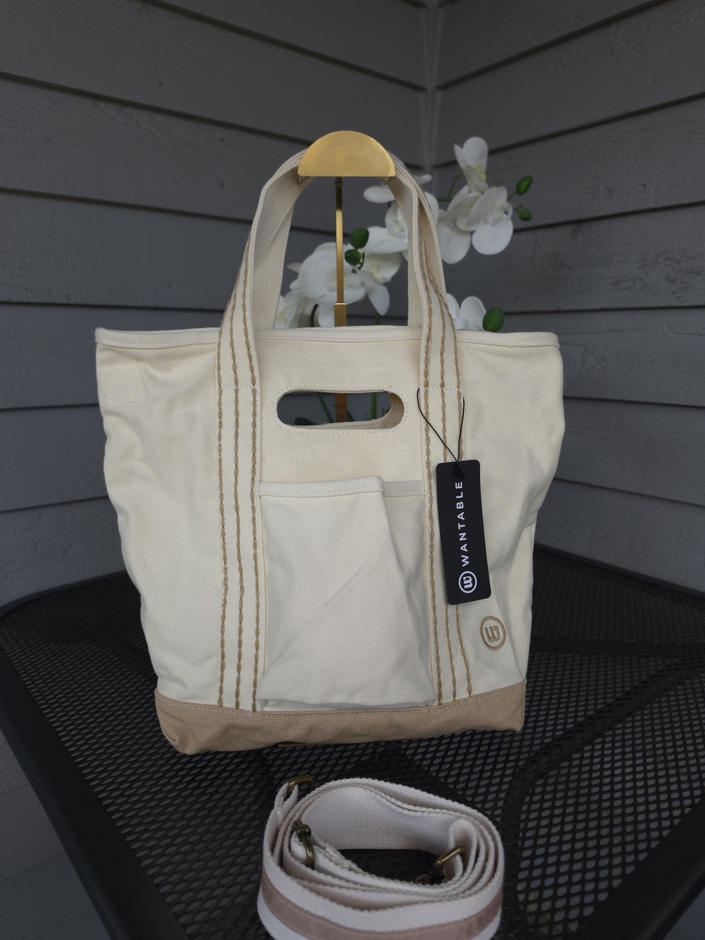 Wantable Cream Canvas Crossbody Tote Bag